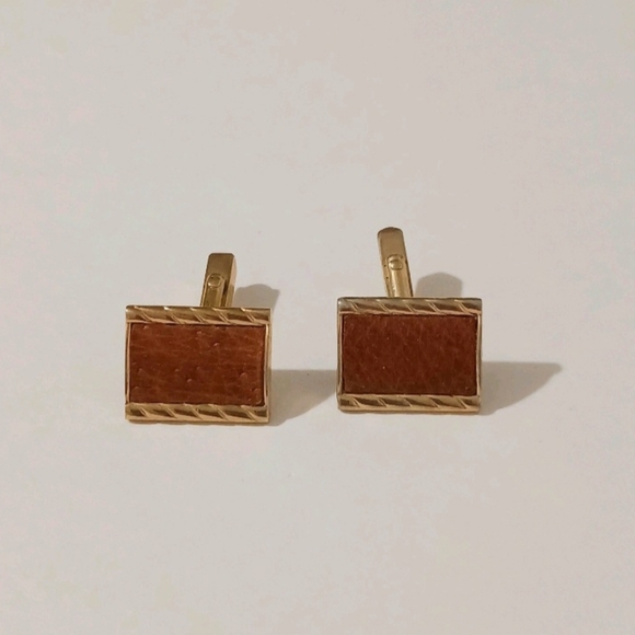 SWANK Other - VTG Swank Gold Tone Rectangular Cufflinks Brown Faux Leather Inlay MCM Retro